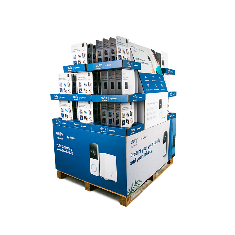 Custom pallet display merchandising solution designed for high-value products like Anker and DJI in retail environments.