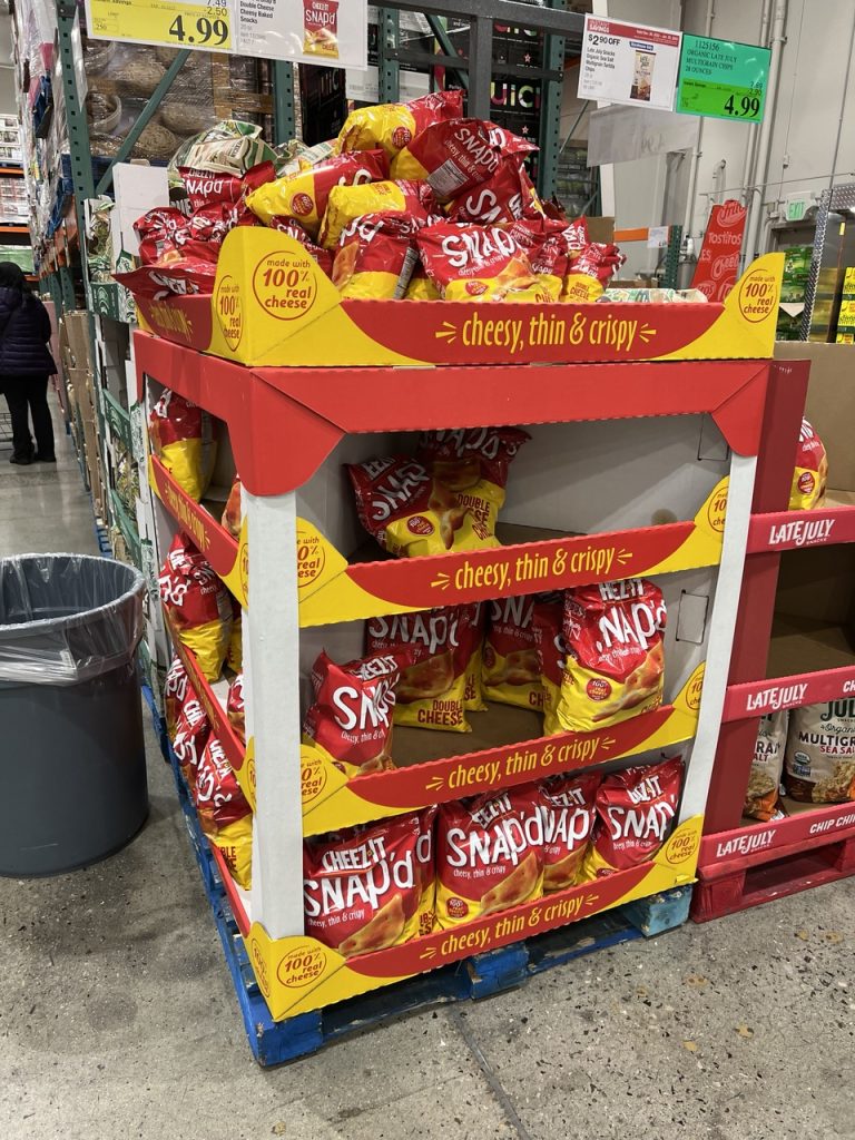 Club store pre-pack display pallet showcasing bulk packaged consumer goods